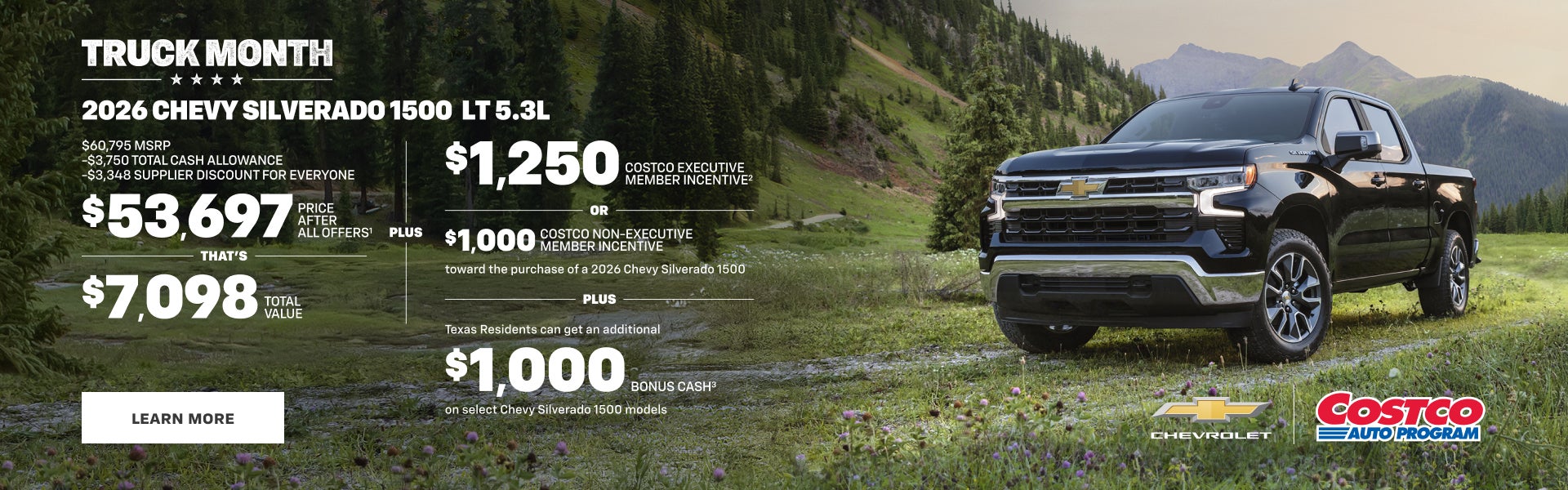 2026 Chevy Silverado 1500 LT 5.3L. Example Offer: $60,795 MSRP - $3,750 Total Cash Allowance - $3...